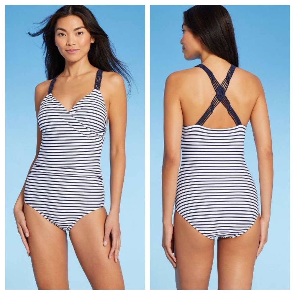 Kona Sol Navy Stripe High Coverage One-Piece Swimsuit • Small